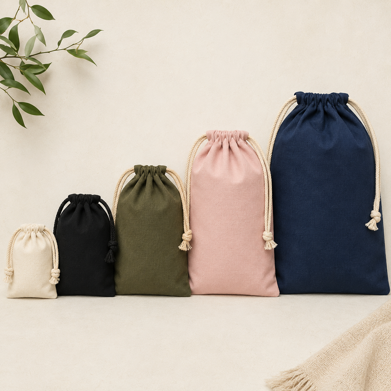 wholesale drawstring bags in multiple colors natural black green pink navy for bulk orders