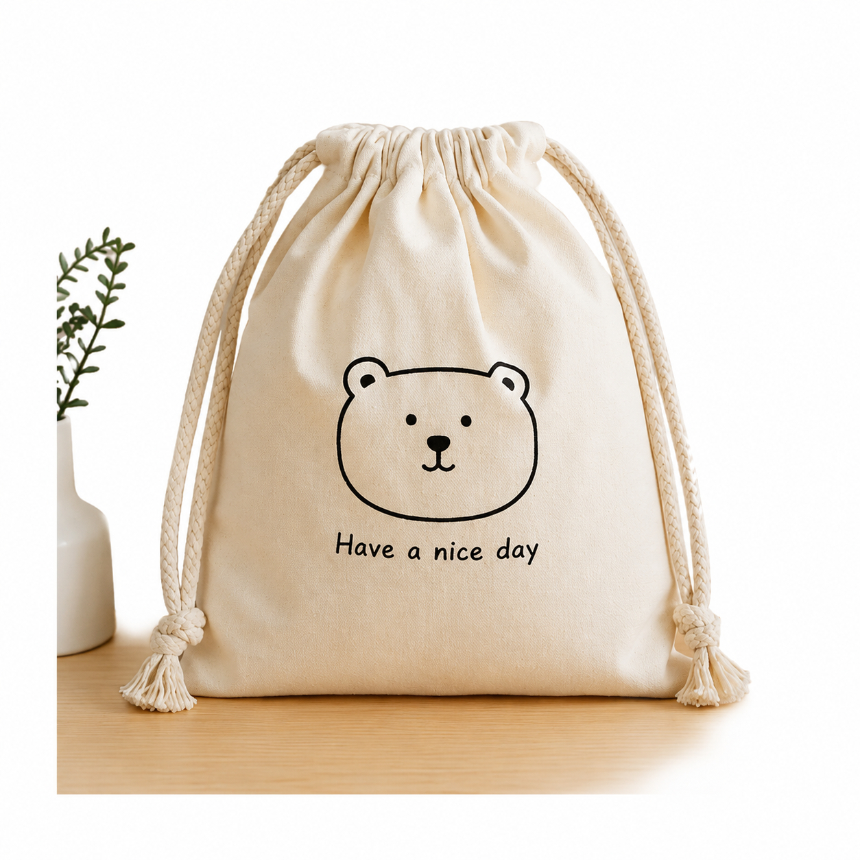cute custom drawstring bag with bear face illustration and handwritten text for gift packaging