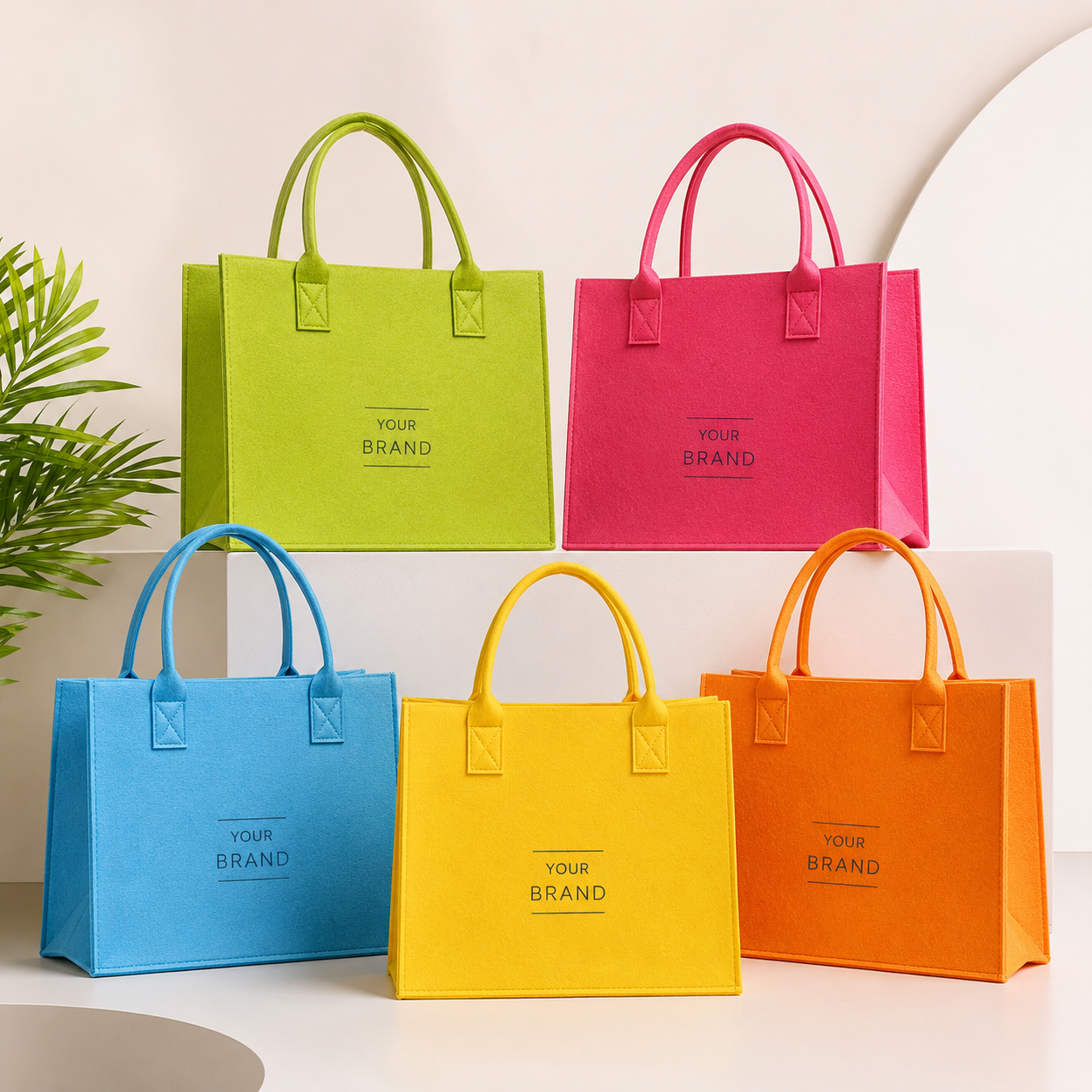 wholesale felt tote bags in 5 vibrant colors with custom your brand printing for bulk orders