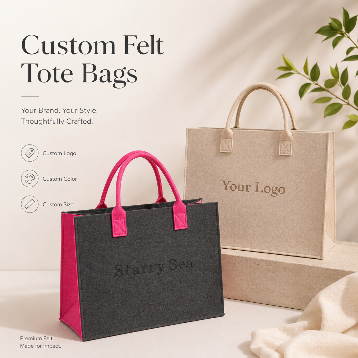 custom felt tote bags in gray and natural colors with pink handles and starry sea branding