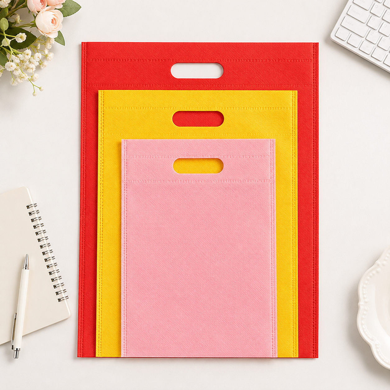 non-woven die-cut handle bags in red yellow pink for retail businesses