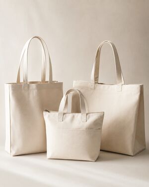 wholesale canvas tote bags in three sizes with different handle and closure options for bulk orders