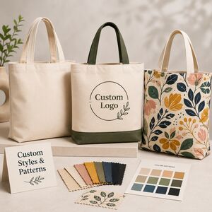 custom canvas tote bags showing logo printing pattern design and color swatch options for wholesale buyers