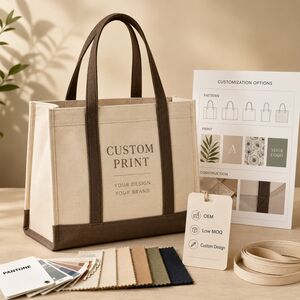 two-tone canvas bag with custom print placeholder OEM low MOQ tag and fabric swatches for B2B buyers