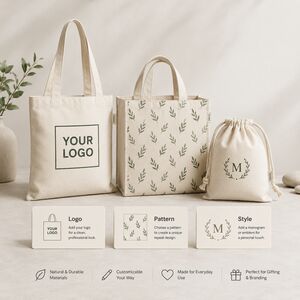 canvas tote bag shopping bag and drawstring pouch with logo pattern and monogram customization options