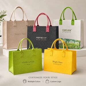 felt tote bags in beige gray yellow green showing multiple color options and customizable logo placement