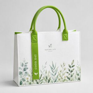 white felt bag with green botanical print and natural life branding for eco-conscious brands